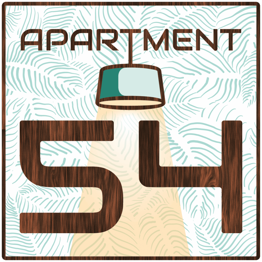 Türschild für Apartement 54 mit stilvoller Lampe und modernen Hintergründen