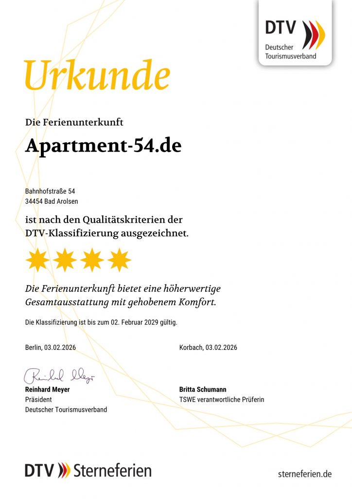 DTV-Zertifikatsdokument für Apartment-54.de mit vier Sternen ausgezeichnet